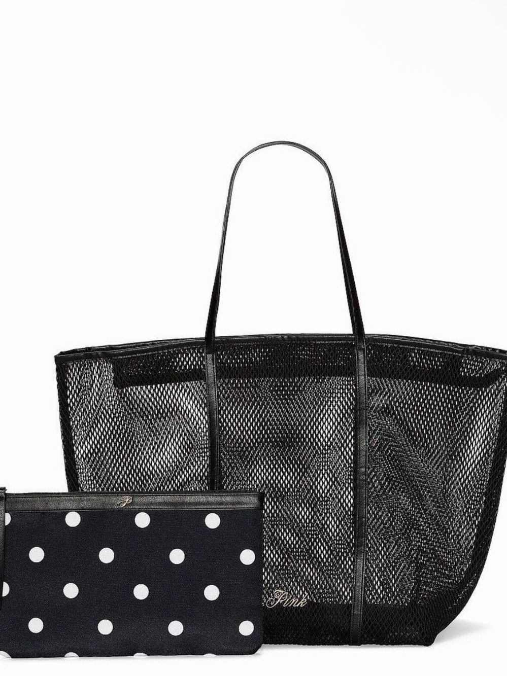 PINK Victoria's Secret Black Mesh Tote with Polka Dot Pouch